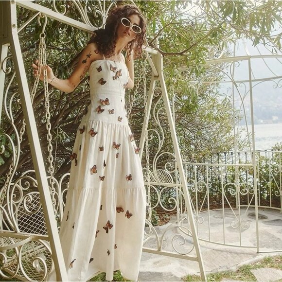 Agua By Agua Bendita Lima Embroidered Butterfly Linen Maxi Dress Size Small